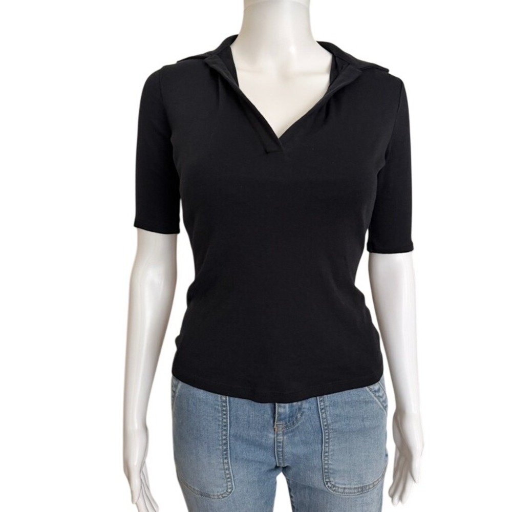 Vince Black Elbow Sleeve V-Neck Polo Top Shirt Size XS